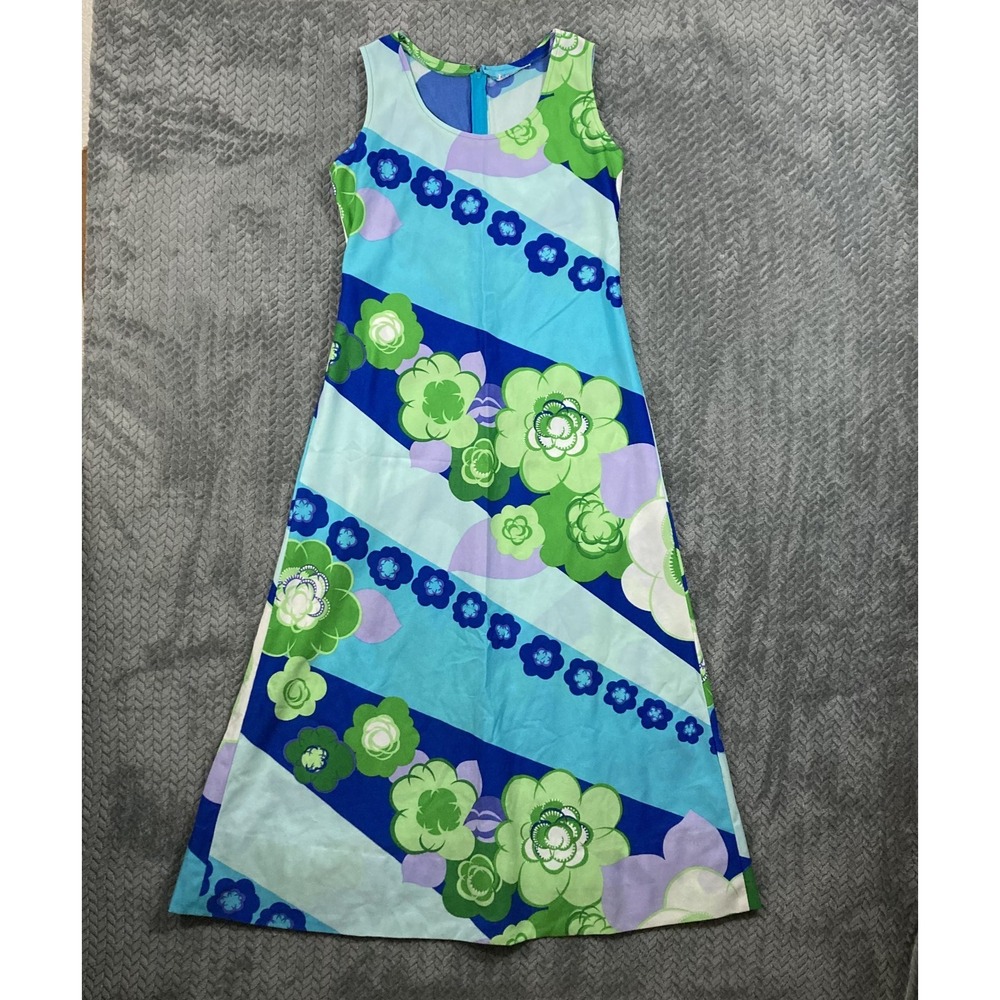 Vintage 70s Malihini Hawaiian Maxi Dress Women's L Blue Green A-Line Aloha Rare